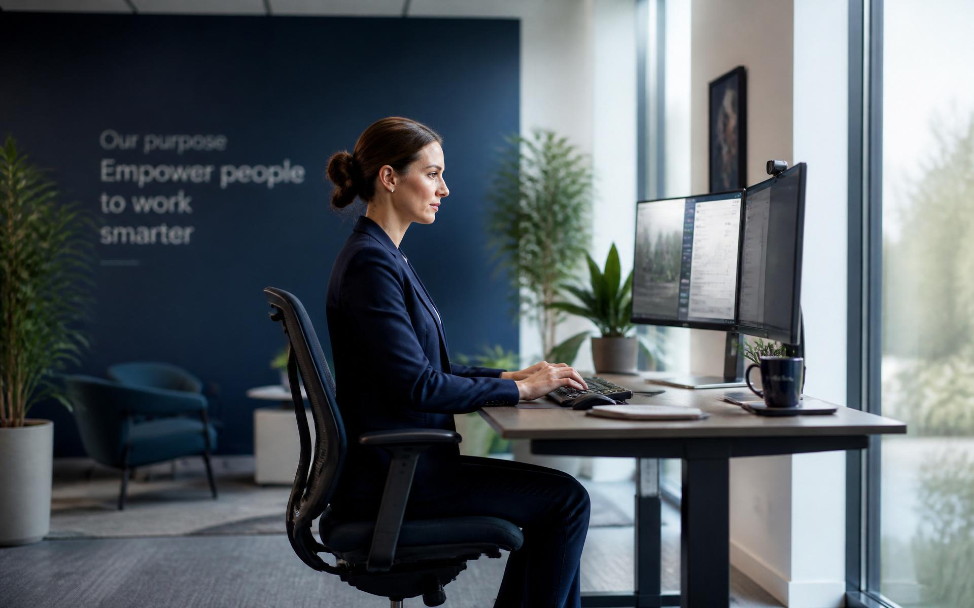 Collaboratrice à un poste de travail ergonomique dans un bureau moderne