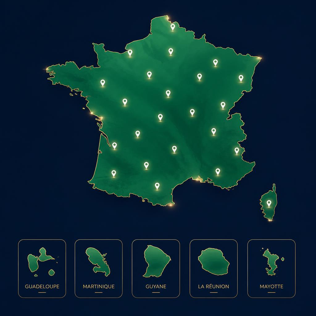Carte des zones d'intervention d'ERGONOM : France métropolitaine, Corse, Guadeloupe, Martinique, Guyane, La Réunion et Mayotte